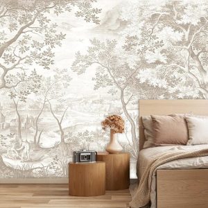 Vintage Beige Forest Woodland Mural Wallpaper